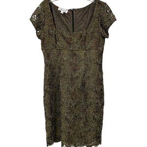 Chetta B Olive Gold Metallic Lace Cocktail Lux Dress Size 12